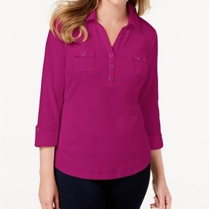 NWT XXL Karen Scott Cranberry Rose Cotton Roll-Tab-Sleeve Knit Top